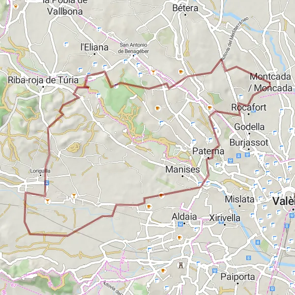 Miniatuurkaart van de fietsinspiratie "Ontdek Paterna, Loriguilla en La Vallesa tijdens deze gravelrit" in Comunitat Valenciana, Spain. Gemaakt door de Tarmacs.app fietsrouteplanner