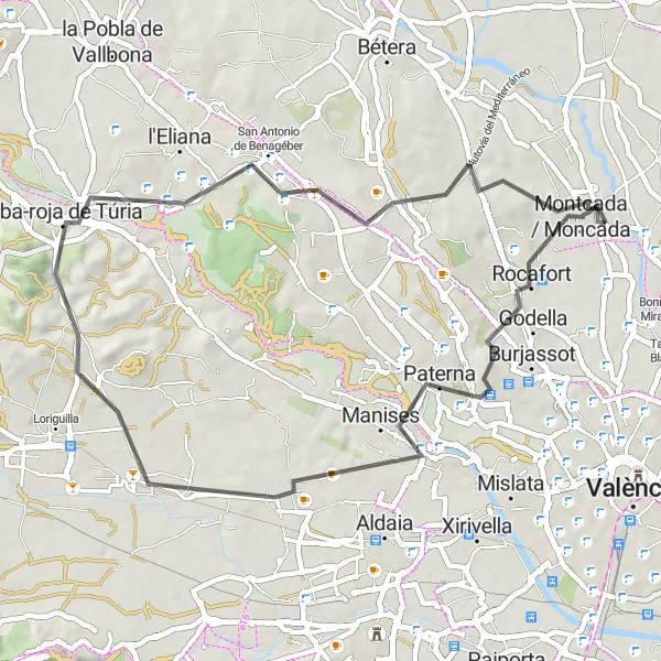 Miniatua del mapa de inspiración ciclista "Ruta en bicicleta de carretera cerca de Alfara del Patriarca" en Comunitat Valenciana, Spain. Generado por Tarmacs.app planificador de rutas ciclistas