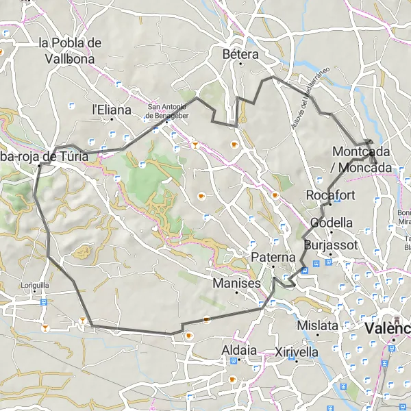 Miniatura della mappa di ispirazione al ciclismo "Giro in bicicletta Alfara del Patriarca - Quart de Poblet - Riba-roja de Túria - San Antonio de Benagéber" nella regione di Comunitat Valenciana, Spain. Generata da Tarmacs.app, pianificatore di rotte ciclistiche