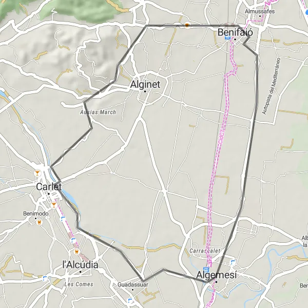 Miniaturní mapa "Road cycling loop through Guadassuar and Carlet" inspirace pro cyklisty v oblasti Comunitat Valenciana, Spain. Vytvořeno pomocí plánovače tras Tarmacs.app