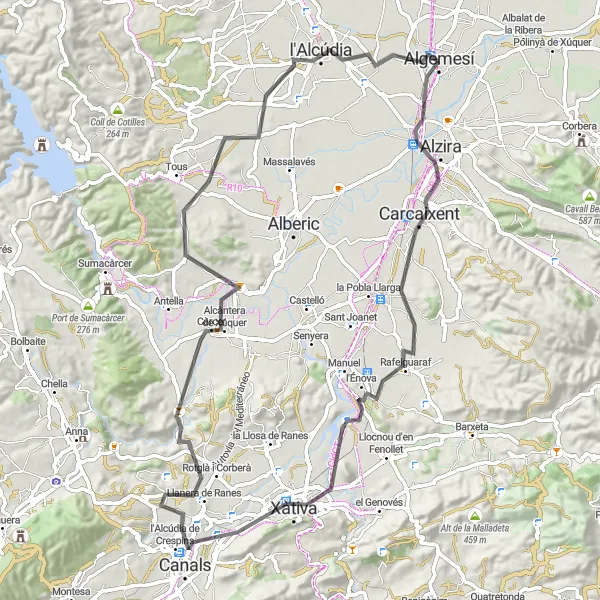 Miniatua del mapa de inspiración ciclista "Ruta de Ciclismo en Carretera desde Algemesí" en Comunitat Valenciana, Spain. Generado por Tarmacs.app planificador de rutas ciclistas