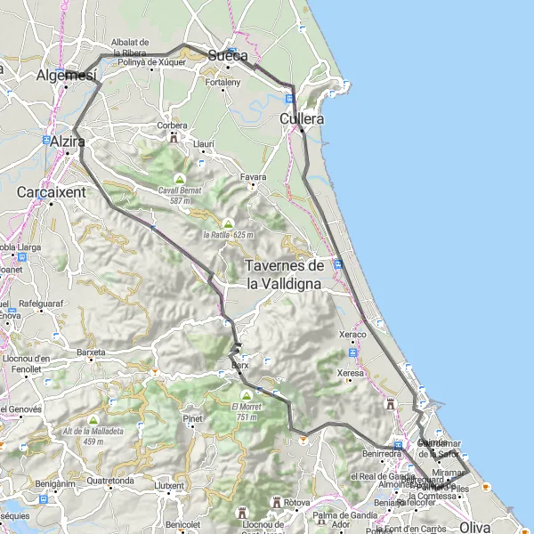 Miniaturní mapa "Challenging road cycling route from Algemesí to Raval" inspirace pro cyklisty v oblasti Comunitat Valenciana, Spain. Vytvořeno pomocí plánovače tras Tarmacs.app