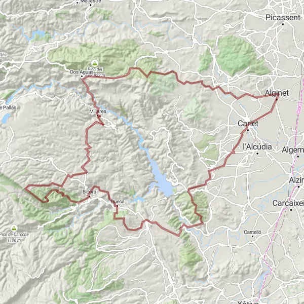 Map miniature of "The Gravel Adventure of Alginet" cycling inspiration in Comunitat Valenciana, Spain. Generated by Tarmacs.app cycling route planner