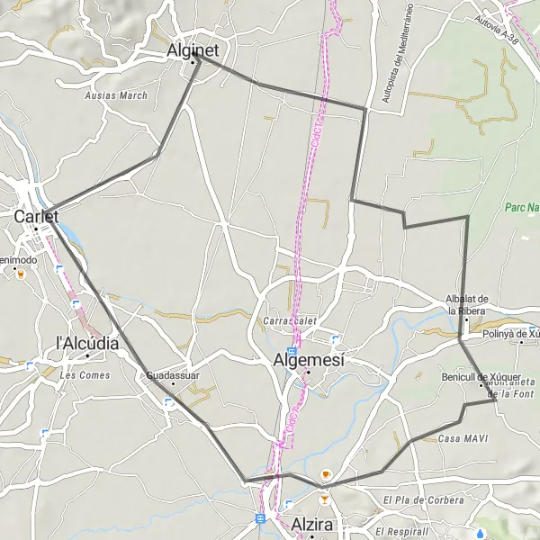 Miniatua del mapa de inspiración ciclista "Ruta en bicicleta de carretera por Alginet, Comunitat Valenciana, España" en Comunitat Valenciana, Spain. Generado por Tarmacs.app planificador de rutas ciclistas