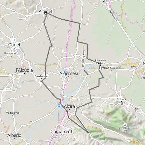 Miniature de la carte de l'inspiration cycliste "Découverte des environs d'Alginet en vélo de route" dans la Comunitat Valenciana, Spain. Générée par le planificateur d'itinéraire cycliste Tarmacs.app