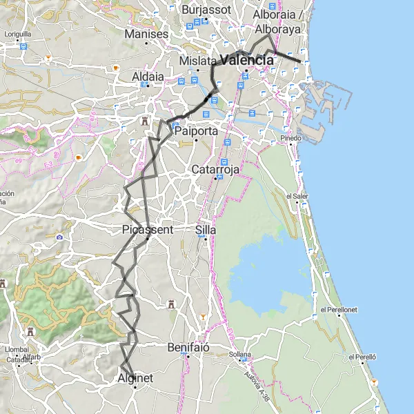 Miniatura della mappa di ispirazione al ciclismo "Giro in bicicletta su strade panoramiche nei dintorni di Alginet" nella regione di Comunitat Valenciana, Spain. Generata da Tarmacs.app, pianificatore di rotte ciclistiche