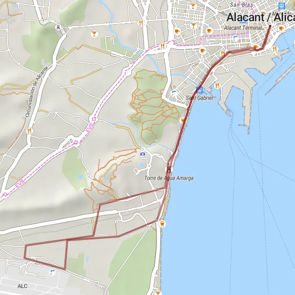 Miniaturní mapa "Short gravel loop around Alicante" inspirace pro cyklisty v oblasti Comunitat Valenciana, Spain. Vytvořeno pomocí plánovače tras Tarmacs.app