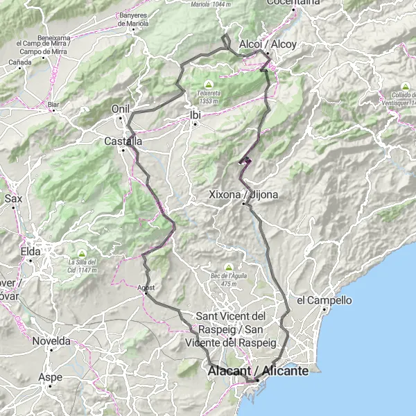 Miniature de la carte de l'inspiration cycliste "Randonnée vers l'arrière-pays montagneux" dans la Comunitat Valenciana, Spain. Générée par le planificateur d'itinéraire cycliste Tarmacs.app