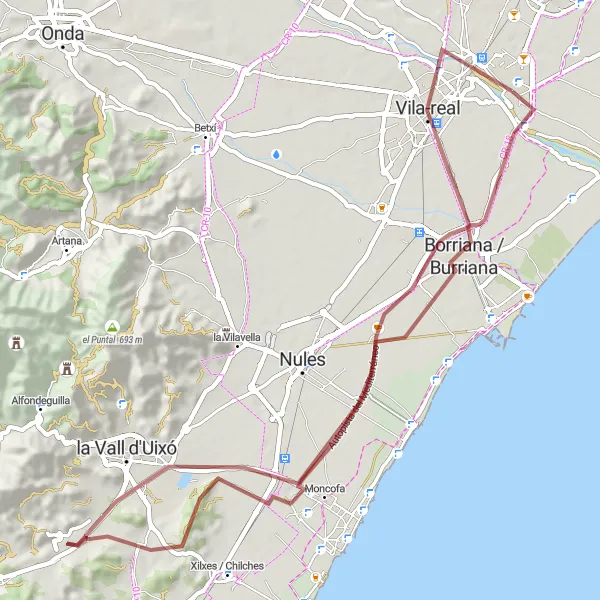 Miniatua del mapa de inspiración ciclista "Vuelta en bici desde Almassora con destinos destacados" en Comunitat Valenciana, Spain. Generado por Tarmacs.app planificador de rutas ciclistas