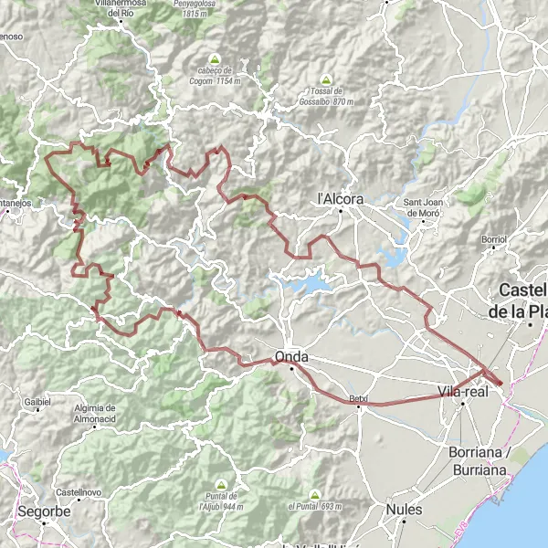 Miniature de la carte de l'inspiration cycliste "Gravel autour de Almassora et ses montagnes" dans la Comunitat Valenciana, Spain. Générée par le planificateur d'itinéraire cycliste Tarmacs.app