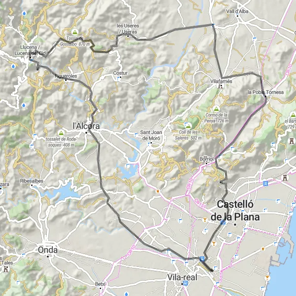Miniatura mapy "Trasa szosowa z Almassora do Refugi Antiaeri de la Plaça Tetuan" - trasy rowerowej w Comunitat Valenciana, Spain. Wygenerowane przez planer tras rowerowych Tarmacs.app