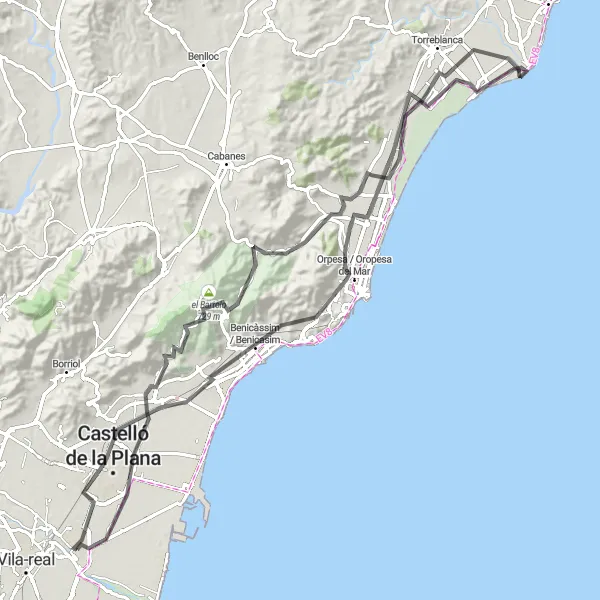 Miniaturní mapa "Do horských nástrah okolo Almassory" inspirace pro cyklisty v oblasti Comunitat Valenciana, Spain. Vytvořeno pomocí plánovače tras Tarmacs.app