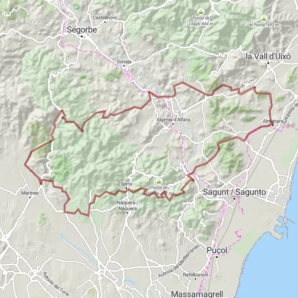 Miniaturní mapa "Gravelová výprava Albalat dels Tarongers - Castell d'Almenara" inspirace pro cyklisty v oblasti Comunitat Valenciana, Spain. Vytvořeno pomocí plánovače tras Tarmacs.app