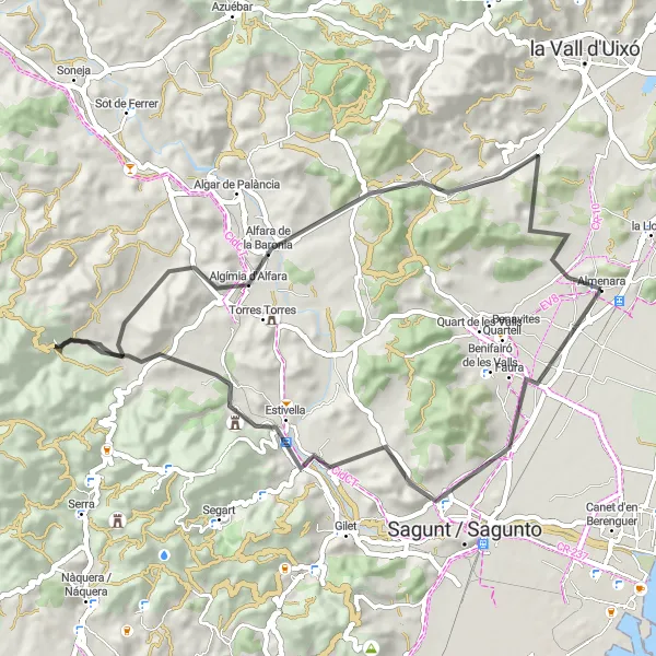 Miniatua del mapa de inspiración ciclista "Ruta en bici de carretera desde Almenara a Faura, Albalat dels Tarongers y Algímia d'Alfara" en Comunitat Valenciana, Spain. Generado por Tarmacs.app planificador de rutas ciclistas