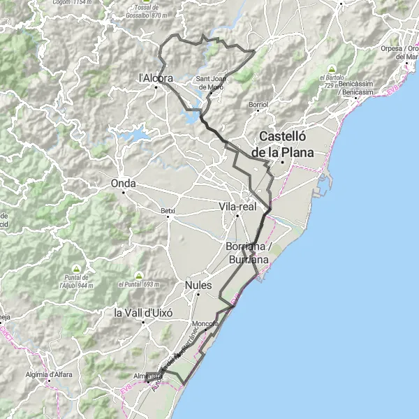 Map miniature of "Almenara to l'Abeller Road Ride" cycling inspiration in Comunitat Valenciana, Spain. Generated by Tarmacs.app cycling route planner