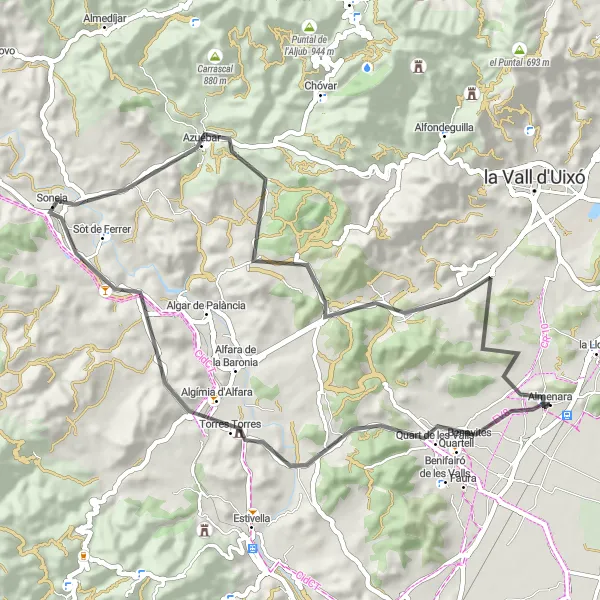 Miniatua del mapa de inspiración ciclista "Ruta en bici de carretera desde Almenara a Algímia d'Alfara, Soneja y Azuébar" en Comunitat Valenciana, Spain. Generado por Tarmacs.app planificador de rutas ciclistas