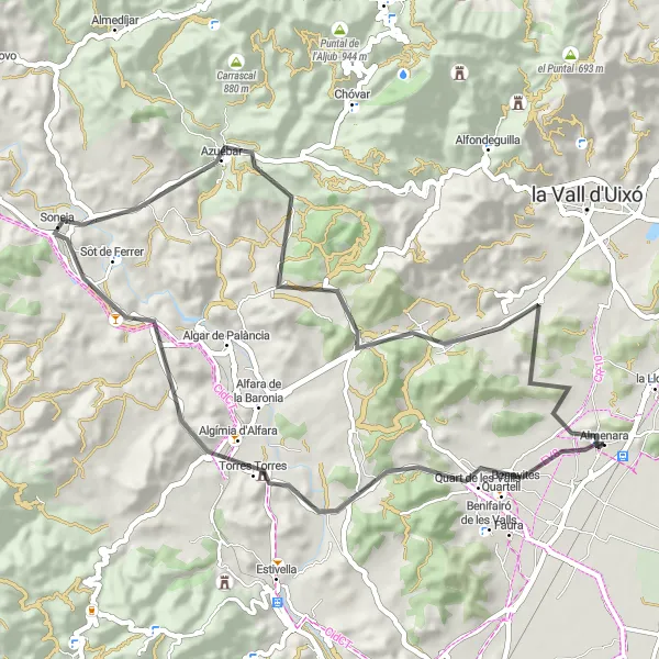 Miniaturekort af cykelinspirationen "Ruta de Almenara a Algímia d'Alfara, Soneja i Azuébar" i Comunitat Valenciana, Spain. Genereret af Tarmacs.app cykelruteplanlægger