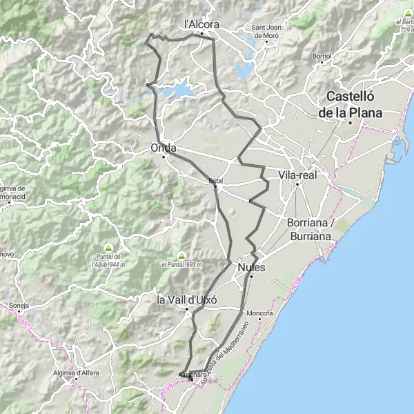 Miniatura della mappa di ispirazione al ciclismo "Giro in bicicletta da Almenara a Castell de la Vilavella" nella regione di Comunitat Valenciana, Spain. Generata da Tarmacs.app, pianificatore di rotte ciclistiche