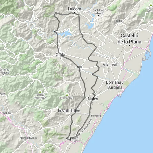 Miniaturekort af cykelinspirationen "Udforsk Nules, la Selleta, Ribesalbes, Betxí, Castell de la Vilavella og Grupo Colonia Carmaday på denne 102 km lange vejcykelrute" i Comunitat Valenciana, Spain. Genereret af Tarmacs.app cykelruteplanlægger