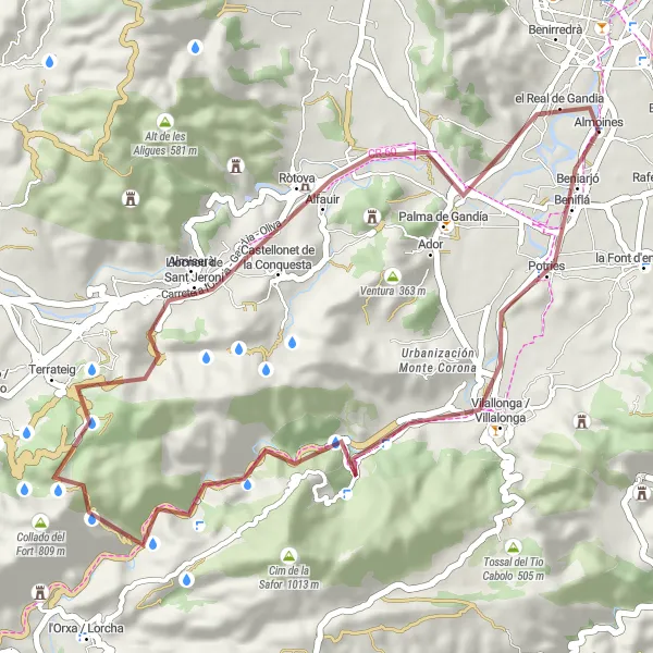 Miniatua del mapa de inspiración ciclista "Ruta en bicicleta de gravel Almoines-Beniflá-Tossalet de l'Alcúdia-Les Trones-Terrateig-Almiserà-el Real de Gandia" en Comunitat Valenciana, Spain. Generado por Tarmacs.app planificador de rutas ciclistas