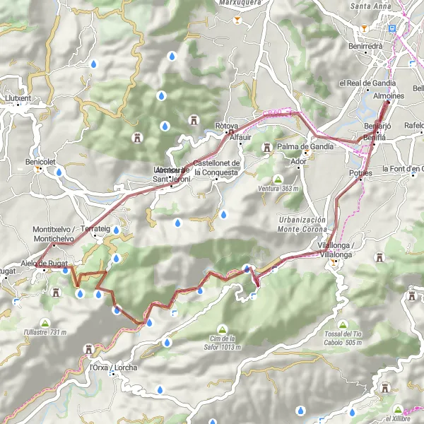Miniatua del mapa de inspiración ciclista "Ruta de Ciclismo de Gravel Almoines-Beniflá-Les Trones-Palma de Gandía" en Comunitat Valenciana, Spain. Generado por Tarmacs.app planificador de rutas ciclistas