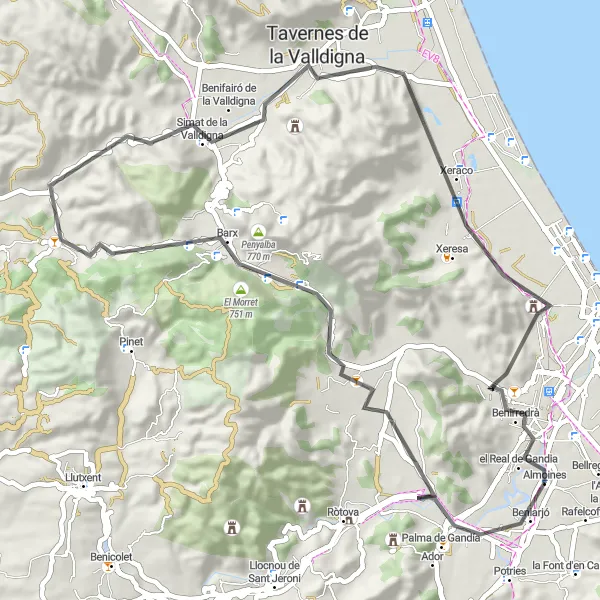 Miniatua del mapa de inspiración ciclista "Ruta en Bicicleta por Almoines y sus Alrededores" en Comunitat Valenciana, Spain. Generado por Tarmacs.app planificador de rutas ciclistas