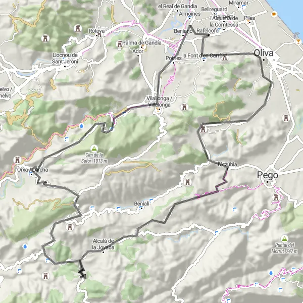 Map miniature of "Almoines to Oliva Loop" cycling inspiration in Comunitat Valenciana, Spain. Generated by Tarmacs.app cycling route planner