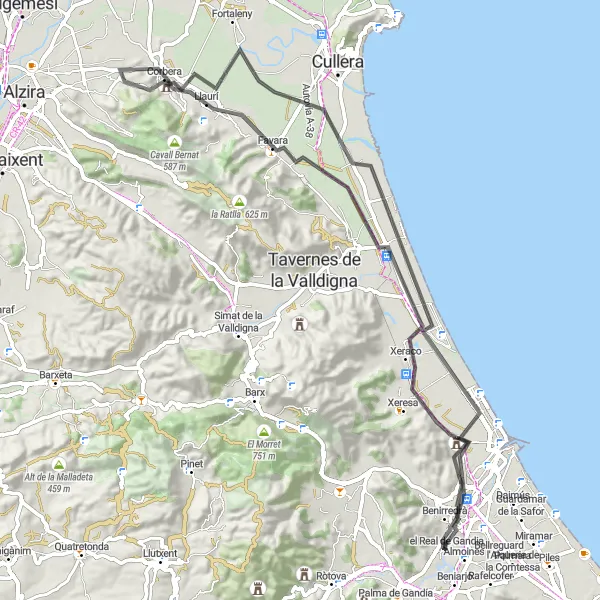 Miniatura della mappa di ispirazione al ciclismo "Giro in bici stradale da Almoines a Gandia e dintorni" nella regione di Comunitat Valenciana, Spain. Generata da Tarmacs.app, pianificatore di rotte ciclistiche