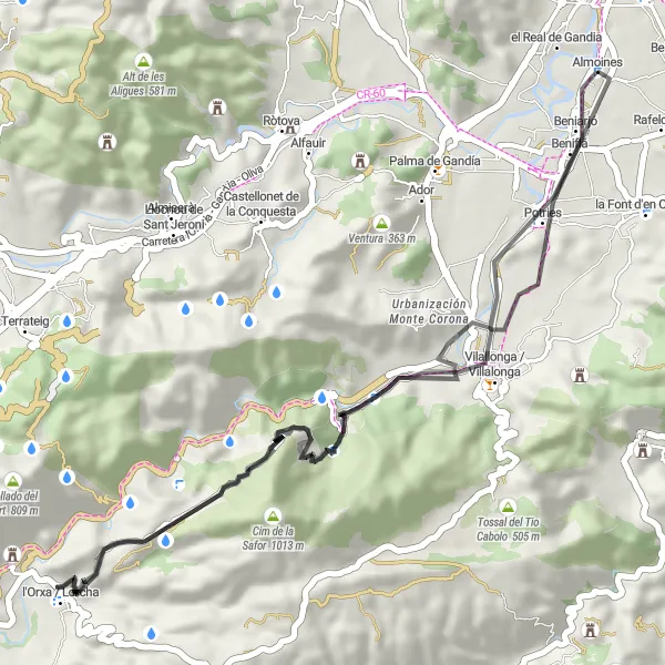 Miniatua del mapa de inspiración ciclista "Ruta de Ciclismo de Carretera Almoines-Beniarjó-Llometa dels Gossos-Potries" en Comunitat Valenciana, Spain. Generado por Tarmacs.app planificador de rutas ciclistas