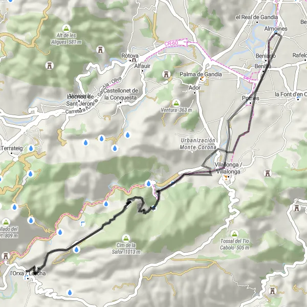 Miniature de la carte de l'inspiration cycliste "Les collines de Valence en vélo de route" dans la Comunitat Valenciana, Spain. Générée par le planificateur d'itinéraire cycliste Tarmacs.app