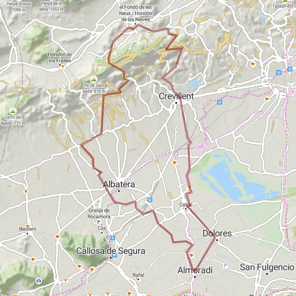 Map miniature of "Scenic Gravel Tour in the Almoradí Area" cycling inspiration in Comunitat Valenciana, Spain. Generated by Tarmacs.app cycling route planner