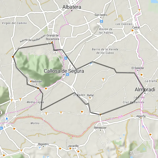 Miniaturní mapa "Krátká cyklistická trasa kolem Almoradí" inspirace pro cyklisty v oblasti Comunitat Valenciana, Spain. Vytvořeno pomocí plánovače tras Tarmacs.app