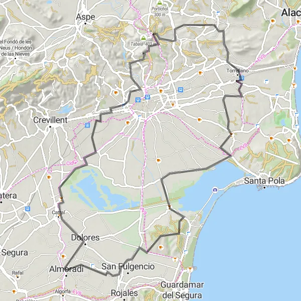 Miniaturní mapa "Cyklotrasa Catral - Alt de la Canyada - Daya Vieja" inspirace pro cyklisty v oblasti Comunitat Valenciana, Spain. Vytvořeno pomocí plánovače tras Tarmacs.app