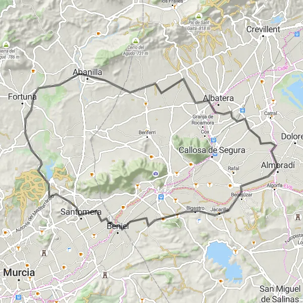 Map miniature of "Almoradí to La Eralta Road Cycling Route" cycling inspiration in Comunitat Valenciana, Spain. Generated by Tarmacs.app cycling route planner