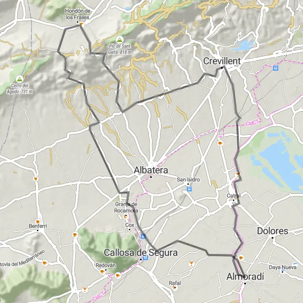 Map miniature of "Almoradí to La Erica Road Cycling Route" cycling inspiration in Comunitat Valenciana, Spain. Generated by Tarmacs.app cycling route planner