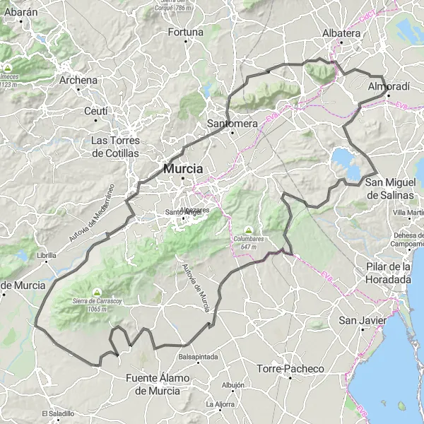 Karten-Miniaturansicht der Radinspiration "Herausfordernde Route durch Alcantarilla und Pico Bermejo" in Comunitat Valenciana, Spain. Erstellt vom Tarmacs.app-Routenplaner für Radtouren