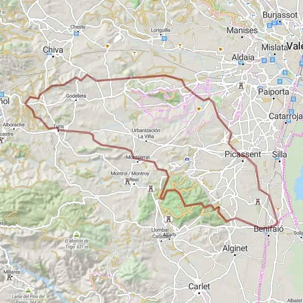 Miniatua del mapa de inspiración ciclista "Ruta en bicicleta de grava Almussafes - Benifaió - Montserrat - Turís - Picassent - Almussafes" en Comunitat Valenciana, Spain. Generado por Tarmacs.app planificador de rutas ciclistas