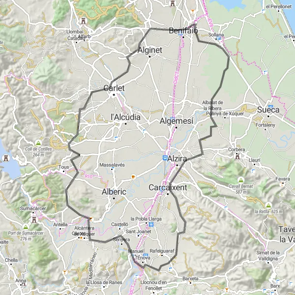 Miniatura della mappa di ispirazione al ciclismo "Giro in bici tra Albalat de la Ribera e Benifaió" nella regione di Comunitat Valenciana, Spain. Generata da Tarmacs.app, pianificatore di rotte ciclistiche