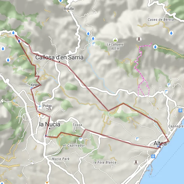 Map miniature of "Gravel Adventure: Altea to Torre de Bellaguarda" cycling inspiration in Comunitat Valenciana, Spain. Generated by Tarmacs.app cycling route planner