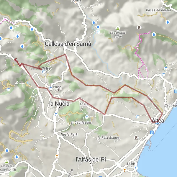 Miniature de la carte de l'inspiration cycliste "Parcours Gravel Altea-Peña Moia-Torre de Bellaguarda-Altea" dans la Comunitat Valenciana, Spain. Générée par le planificateur d'itinéraire cycliste Tarmacs.app