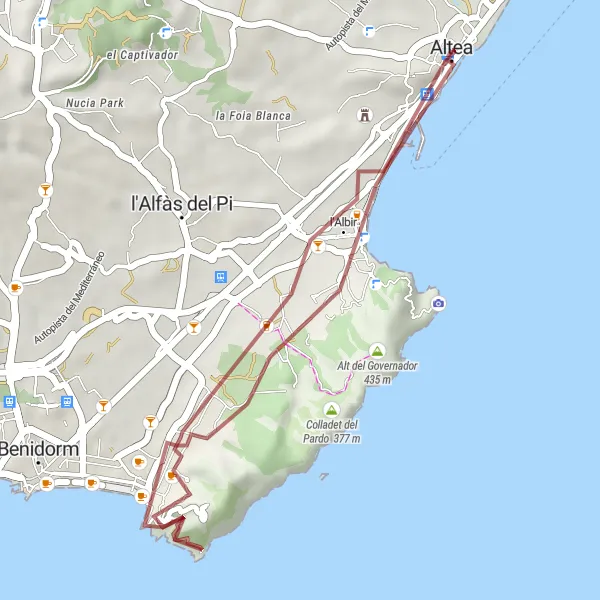 Miniaturní mapa "Gravel Route to Mirador Serra Gelada" inspirace pro cyklisty v oblasti Comunitat Valenciana, Spain. Vytvořeno pomocí plánovače tras Tarmacs.app