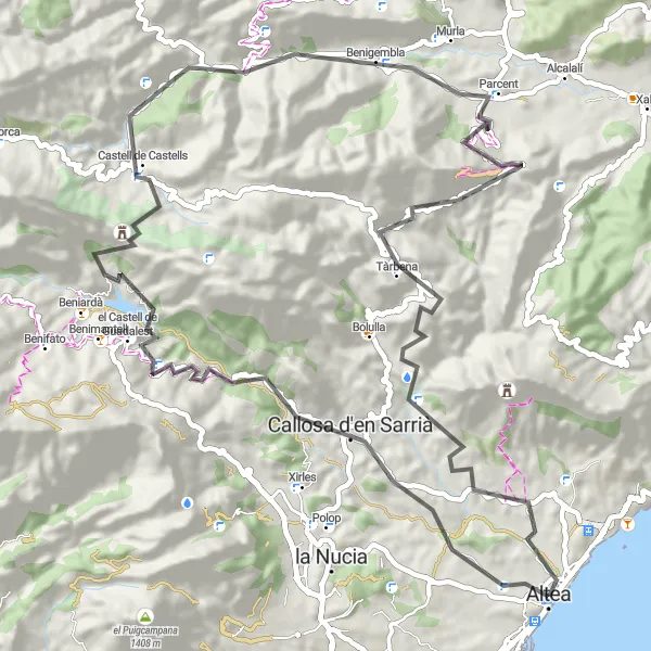 Miniature de la carte de l'inspiration cycliste "Boucle cycliste panoramique: Callosa d'en Sarrià - Torre de Bellaguarda" dans la Comunitat Valenciana, Spain. Générée par le planificateur d'itinéraire cycliste Tarmacs.app
