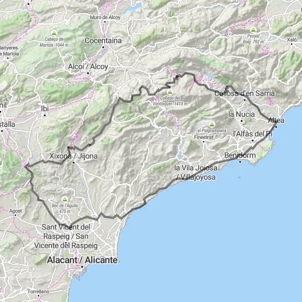 Miniatura mapy "Wielka wyprawa: Altea-Benidorm-Tibi" - trasy rowerowej w Comunitat Valenciana, Spain. Wygenerowane przez planer tras rowerowych Tarmacs.app