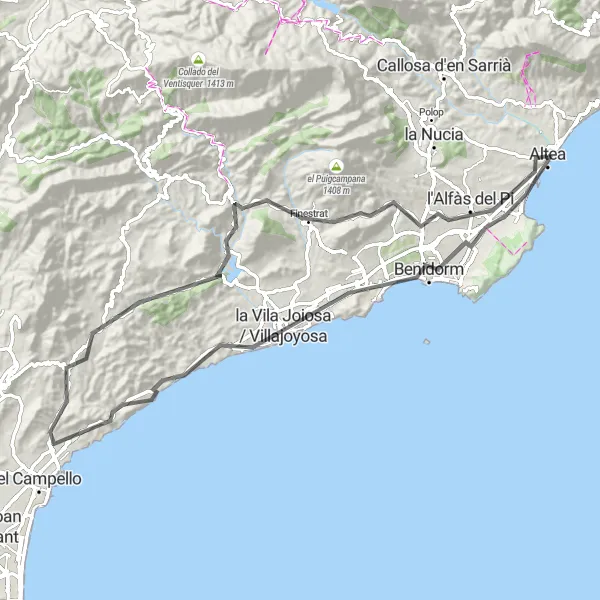 Map miniature of "Scenic Loop to Intempo and l'Alfàs del Pi" cycling inspiration in Comunitat Valenciana, Spain. Generated by Tarmacs.app cycling route planner