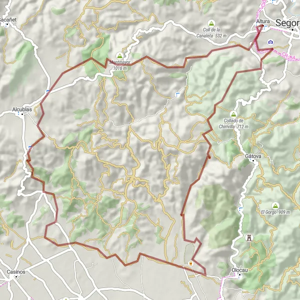 Miniatura mapy "Przejażdżka gravelowa niedaleko Altura" - trasy rowerowej w Comunitat Valenciana, Spain. Wygenerowane przez planer tras rowerowych Tarmacs.app