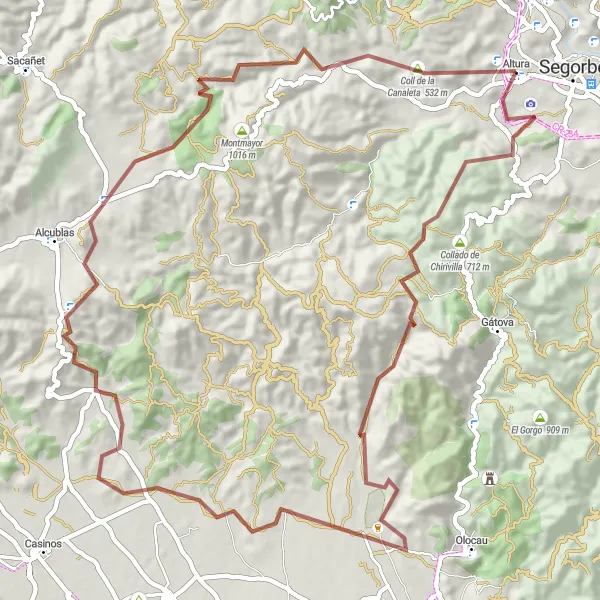 Miniatura della mappa di ispirazione al ciclismo "Breve circuito su strada sterrata vicino ad Altura" nella regione di Comunitat Valenciana, Spain. Generata da Tarmacs.app, pianificatore di rotte ciclistiche