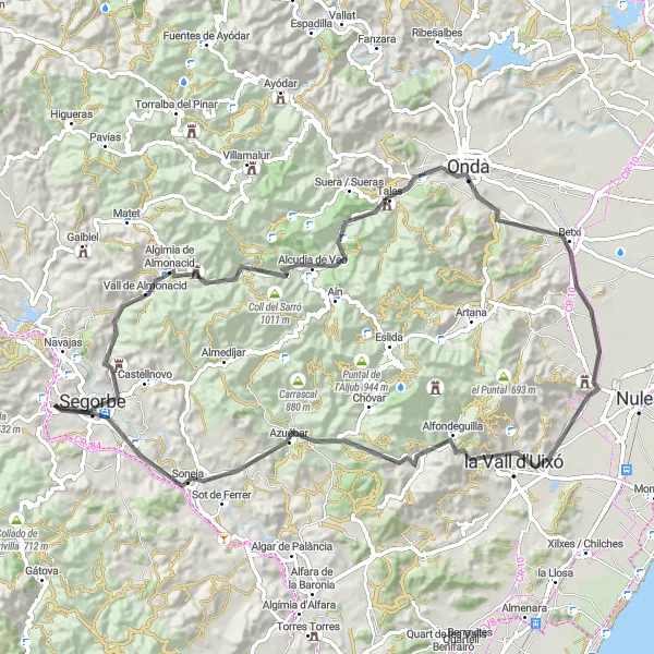 Map miniature of "Altura - Algimia de Almonacid Loop" cycling inspiration in Comunitat Valenciana, Spain. Generated by Tarmacs.app cycling route planner