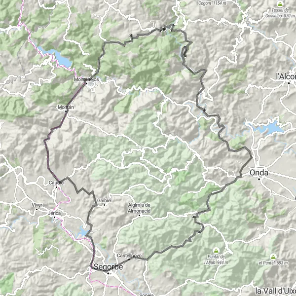 Miniaturní mapa "Road Cycling Tour to Segorbe" inspirace pro cyklisty v oblasti Comunitat Valenciana, Spain. Vytvořeno pomocí plánovače tras Tarmacs.app