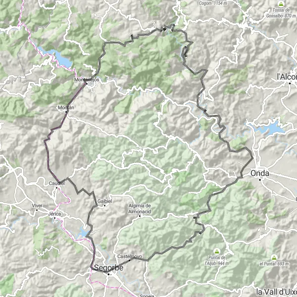 Miniatua del mapa de inspiración ciclista "Ruta en bicicleta de carretera desde Altura" en Comunitat Valenciana, Spain. Generado por Tarmacs.app planificador de rutas ciclistas