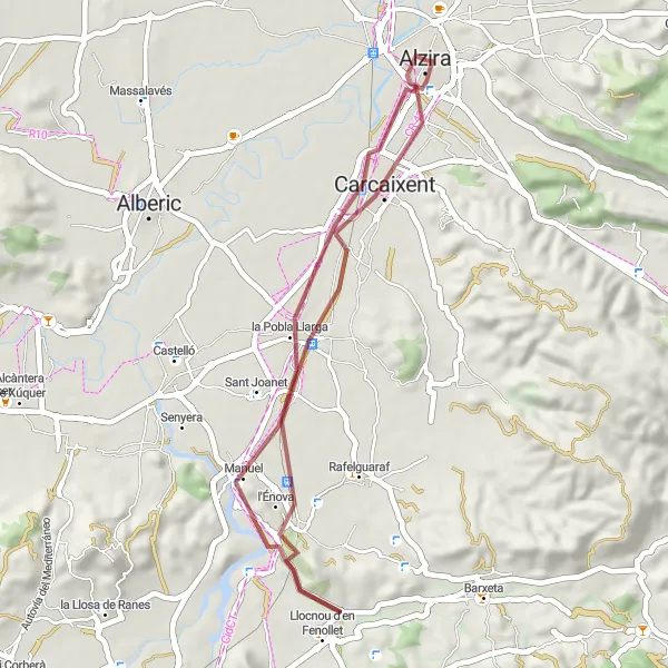 Miniature de la carte de l'inspiration cycliste "Circuit rural de La Ribera" dans la Comunitat Valenciana, Spain. Générée par le planificateur d'itinéraire cycliste Tarmacs.app